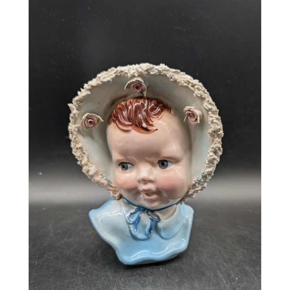 Vintage Ceramic Baby Girl Head Vase Blue Bonnet Pink Roses Spaghetti Trim Retro